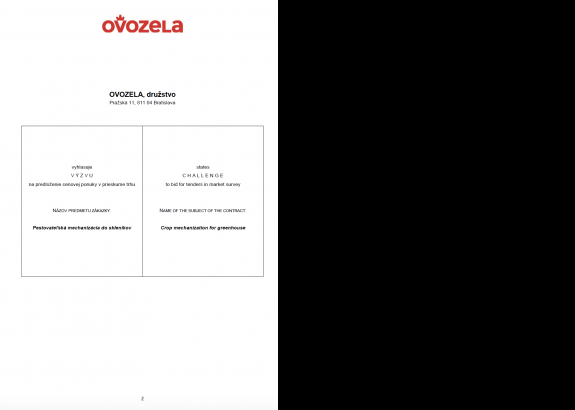 VÝZVA na predloženie ponuky v prieskume trhu: Pestovateľská mechanizácia do skleníkov