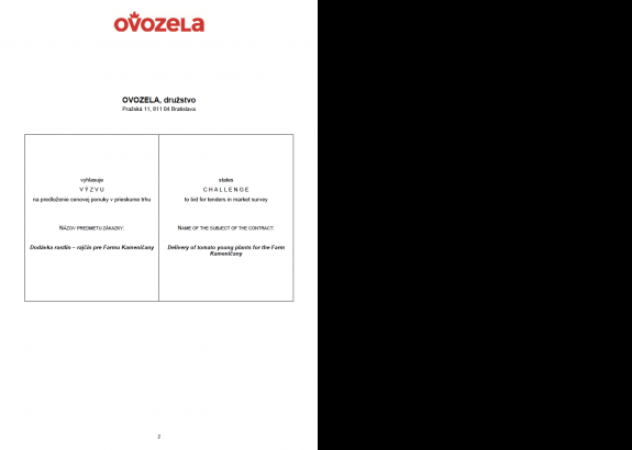 VÝZVA na predloženie ponuky v prieskume trhu: Dodávka rastlín – rajčín pre Farmu Kameničany