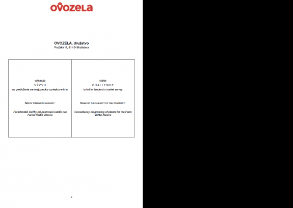VÝZVA na predloženie ponuky v prieskume trhu: Poradenské služby pri pestovaní rastlín pre Farmu Veľké Zlievce