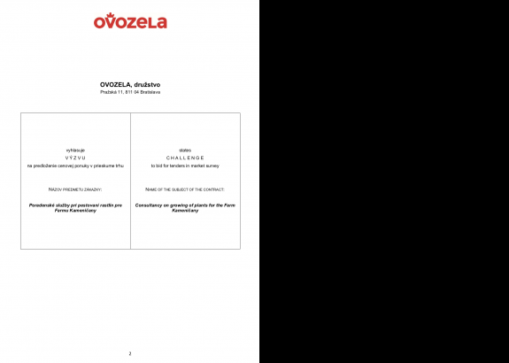 VÝZVA na predloženie ponuky v prieskume trhu: Poradenské služby pri pestovaní rastlín pre Farmu Kameničany